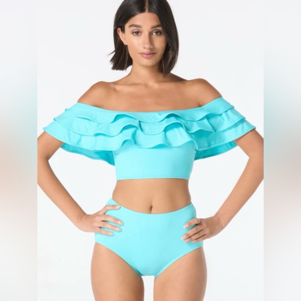🆕 Kate Spade Off Shoulder Ruffle Top and High Waist Bikini Teal/Blue Size Large